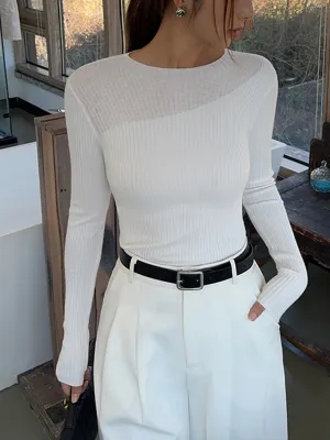 Knit Ribbed Crew Trendy Neck Asymmetric Top