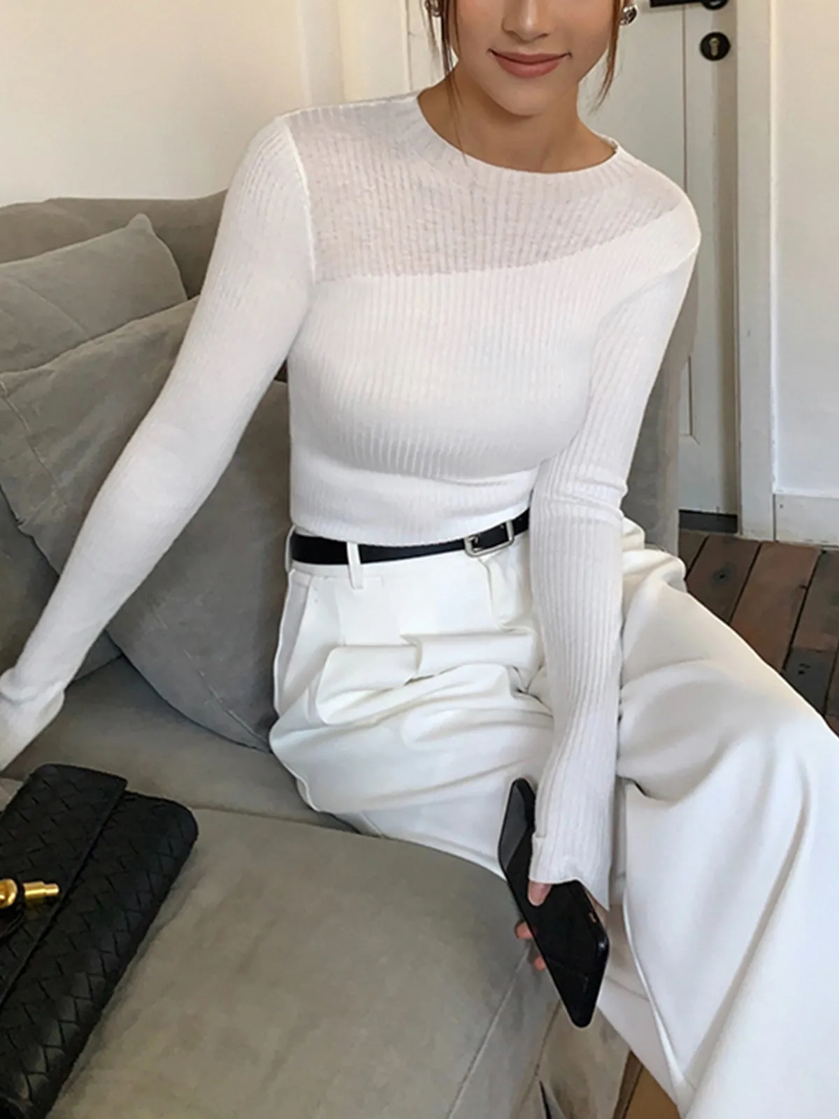 Knit Ribbed Crew Trendy Neck Asymmetric Top