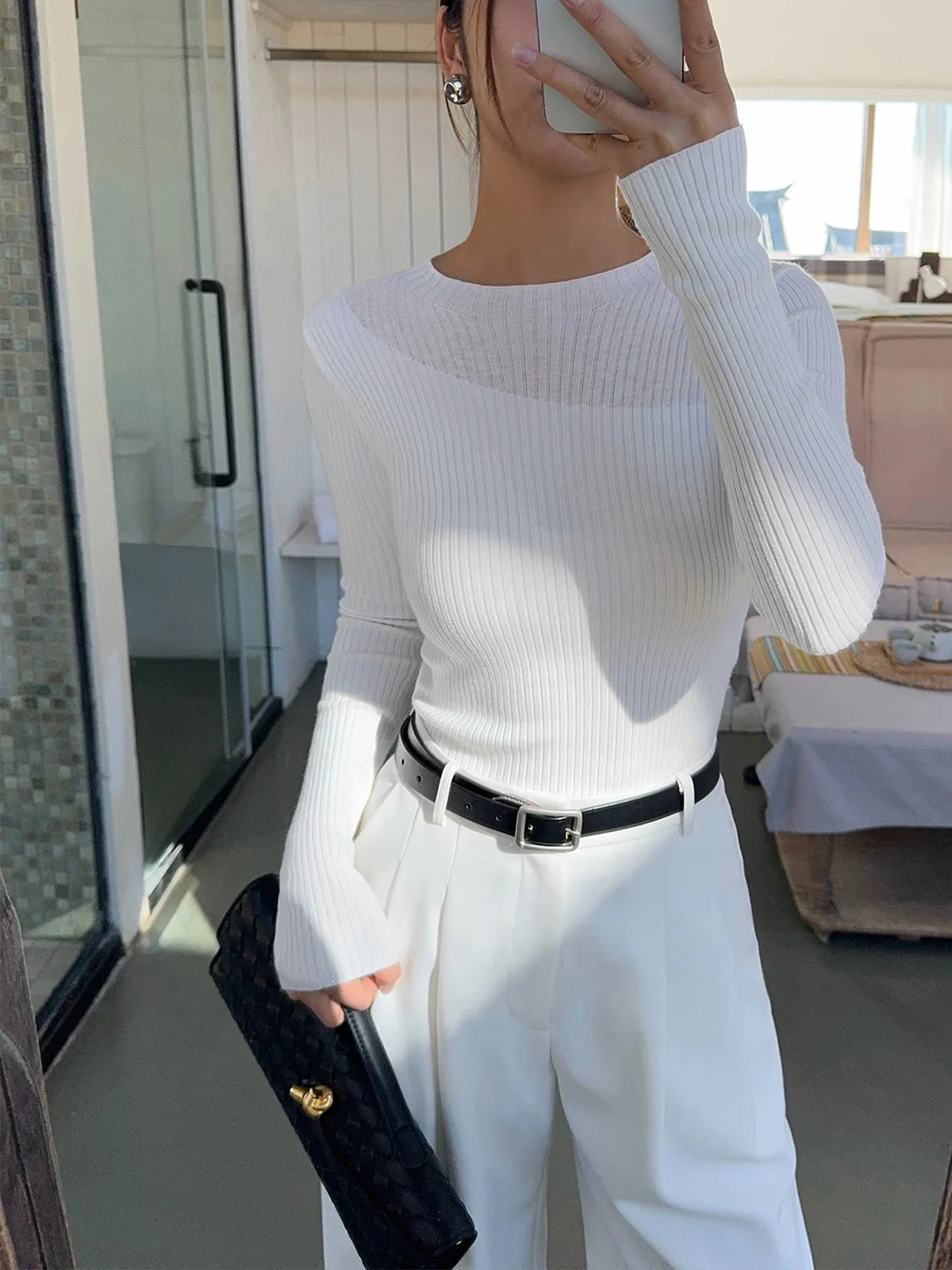 Knit Ribbed Crew Trendy Neck Asymmetric Top
