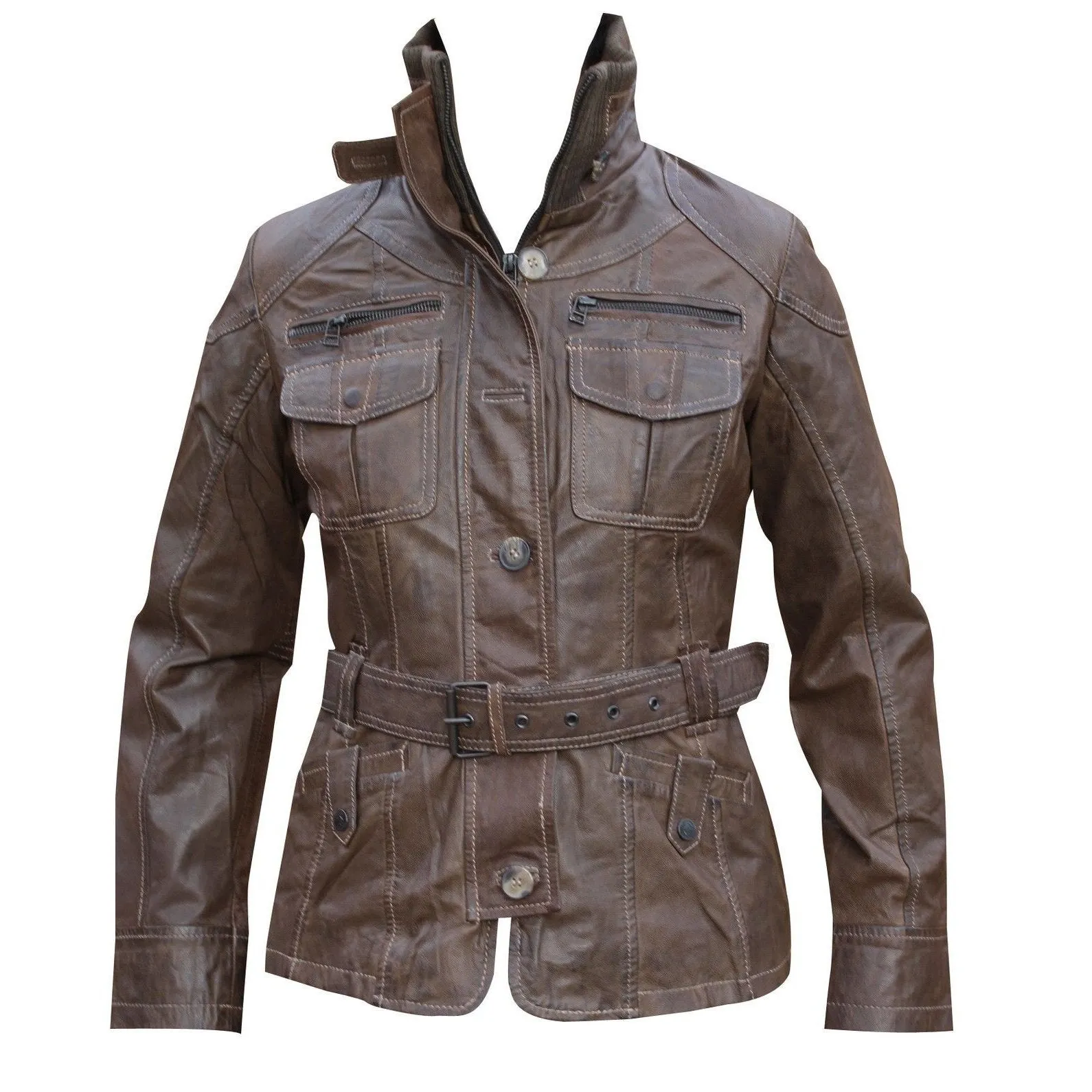 Ladies Fashion Vintage Leather Jacket Women in Brown