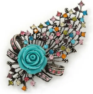 Large Vintage Inspired Multicoloured Crystal Rose Floral Brooch/Pendant In Antiqued Silver Tone - 95mm L