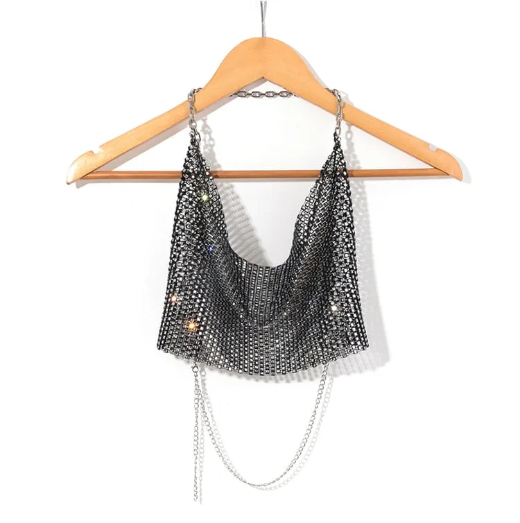 Leqoel Rhinestone Tops for Women 2022 Fashion Sleeveless Halter Hollow Out Shiny Metal Cropped Mesh Tank Sexy Backless Top
