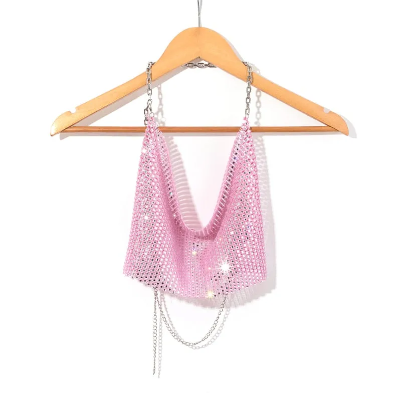 Leqoel Rhinestone Tops for Women 2022 Fashion Sleeveless Halter Hollow Out Shiny Metal Cropped Mesh Tank Sexy Backless Top