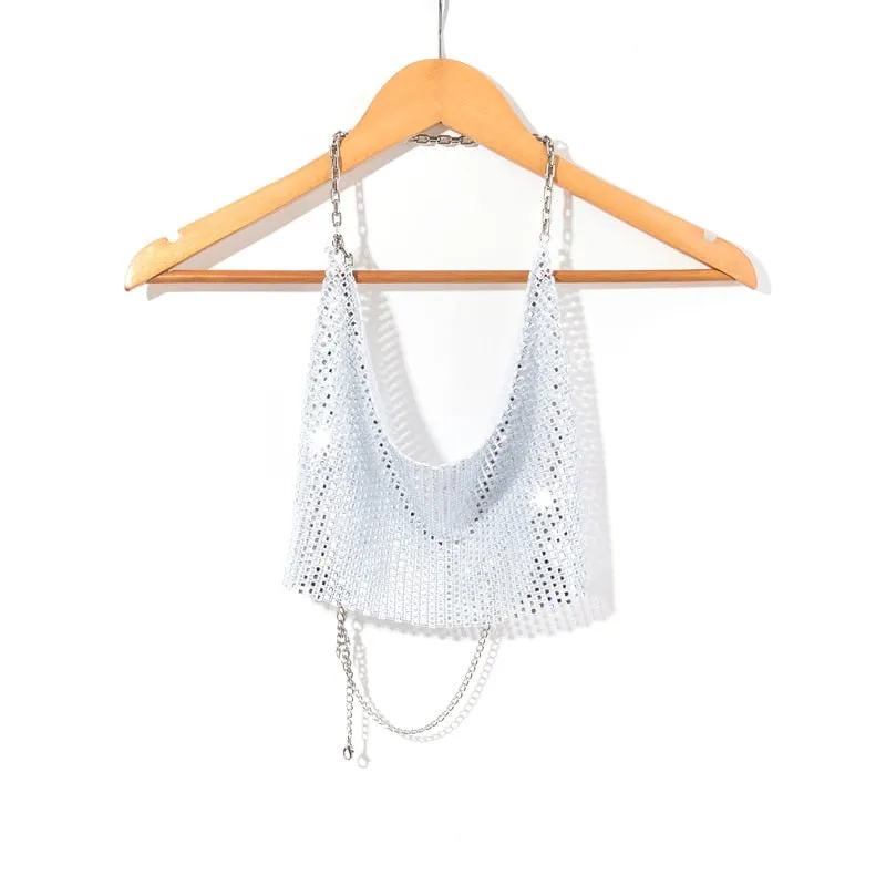 Leqoel Rhinestone Tops for Women 2022 Fashion Sleeveless Halter Hollow Out Shiny Metal Cropped Mesh Tank Sexy Backless Top