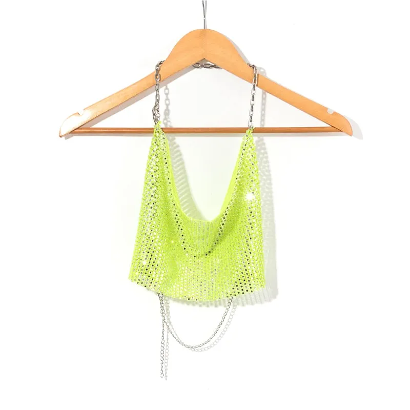 Leqoel Rhinestone Tops for Women 2022 Fashion Sleeveless Halter Hollow Out Shiny Metal Cropped Mesh Tank Sexy Backless Top