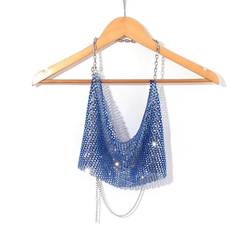 Leqoel Rhinestone Tops for Women 2022 Fashion Sleeveless Halter Hollow Out Shiny Metal Cropped Mesh Tank Sexy Backless Top
