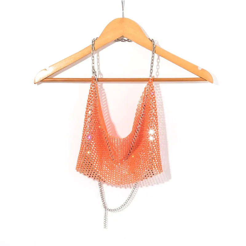 Leqoel Rhinestone Tops for Women 2022 Fashion Sleeveless Halter Hollow Out Shiny Metal Cropped Mesh Tank Sexy Backless Top