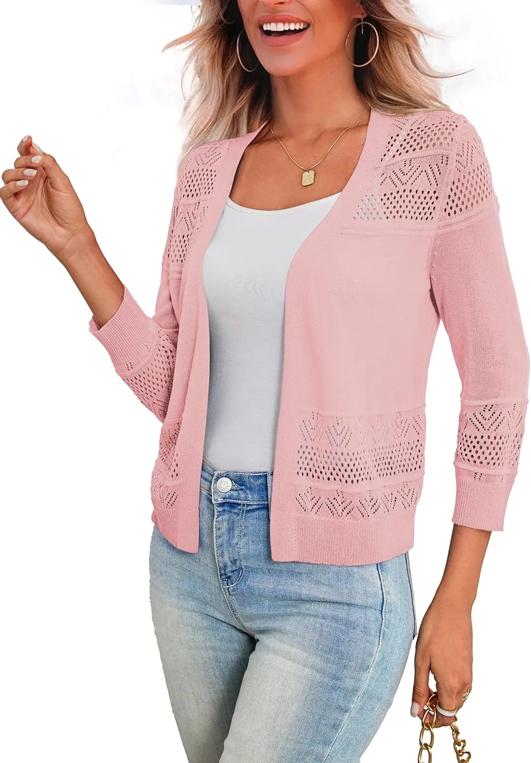 LIENRIDY Women's Crochet Cropped Cardigans Sweaters 3/4 Sleeve Open Front Bolero Shrugs, S-XL