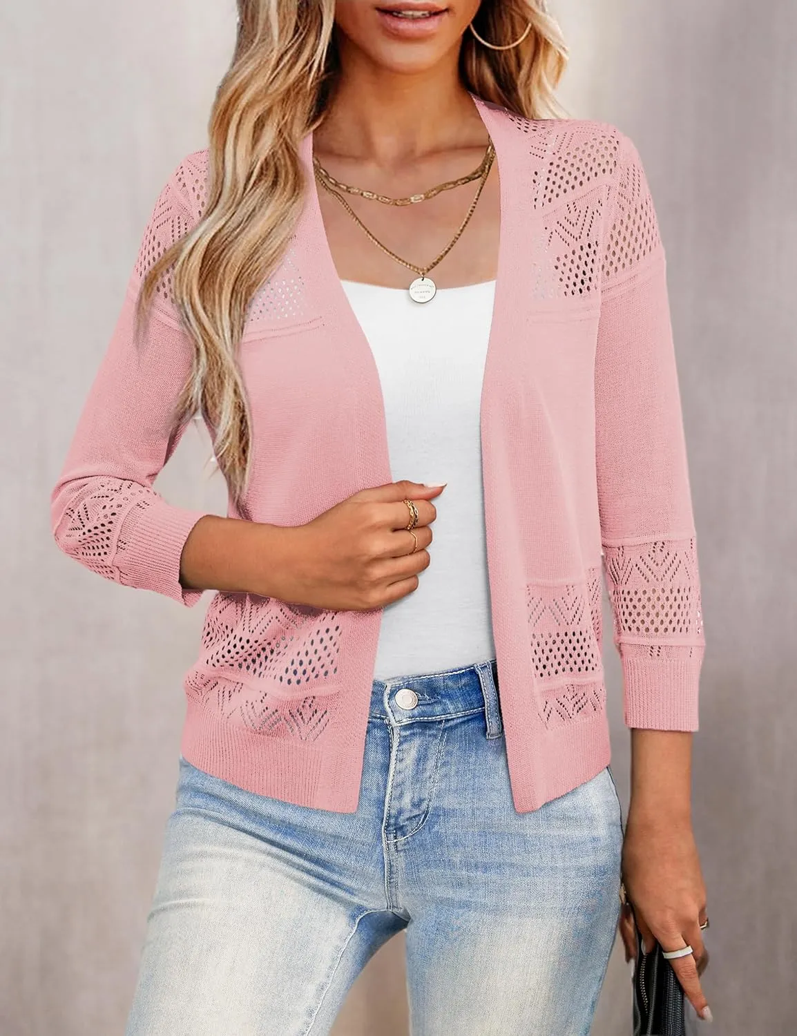 LIENRIDY Women's Crochet Cropped Cardigans Sweaters 3/4 Sleeve Open Front Bolero Shrugs, S-XL