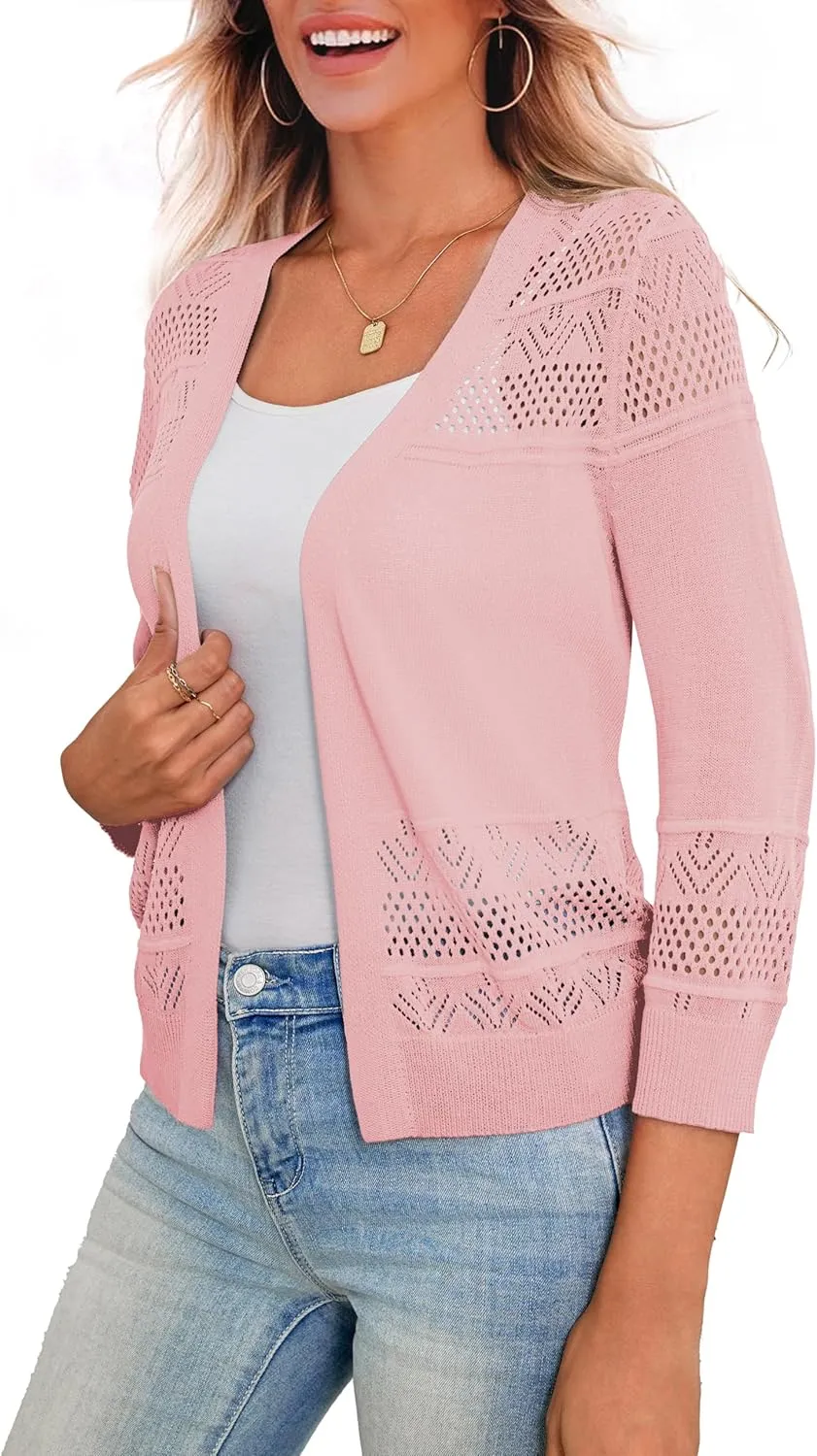 LIENRIDY Women's Crochet Cropped Cardigans Sweaters 3/4 Sleeve Open Front Bolero Shrugs, S-XL