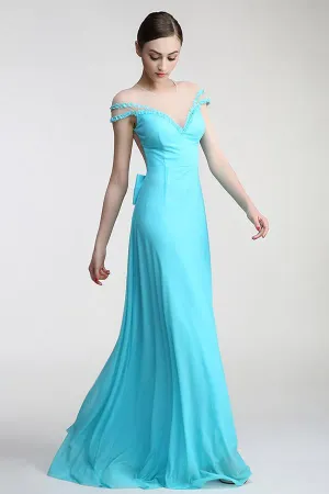 Light Sky Blue Long Deep V-neck Prom Party Dresses PFP1300