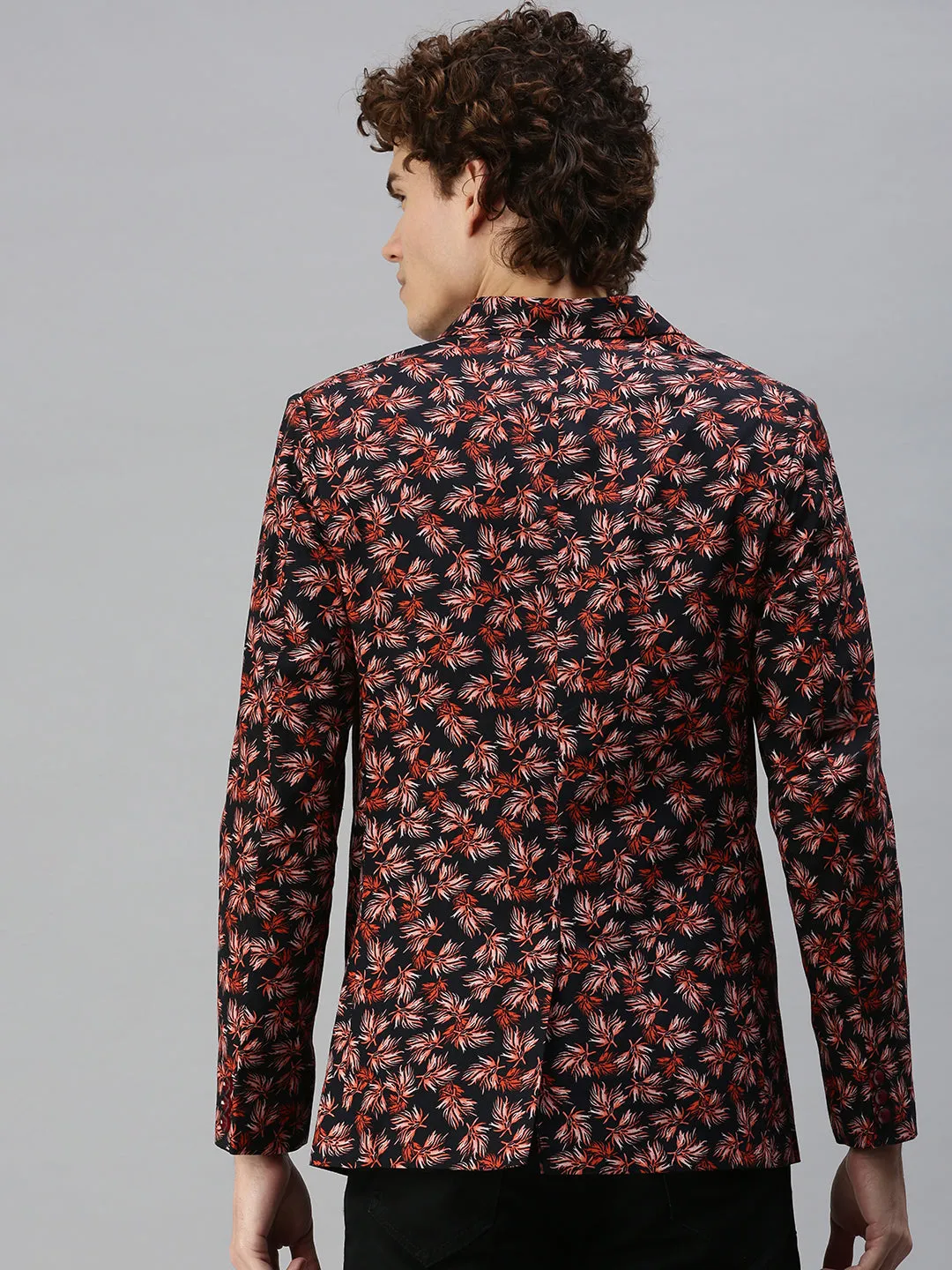 Men Navy Blue Floral Print Single Breasted Blazer