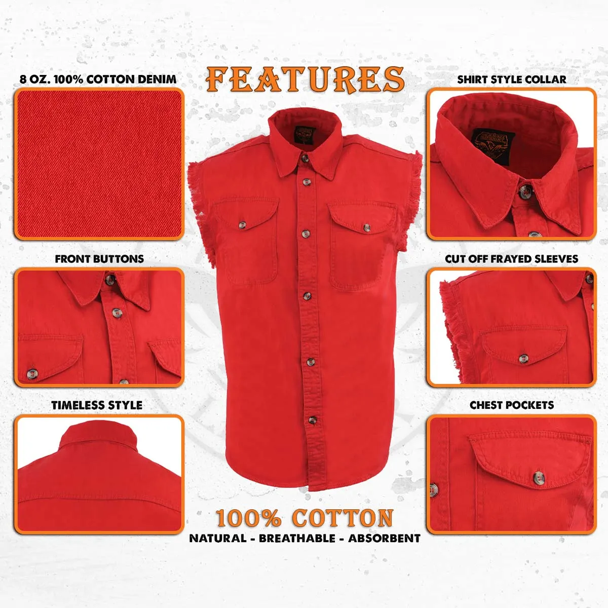Milwaukee Leather DM4007 Men's Red Lightweight Denim Shirt with Frayed