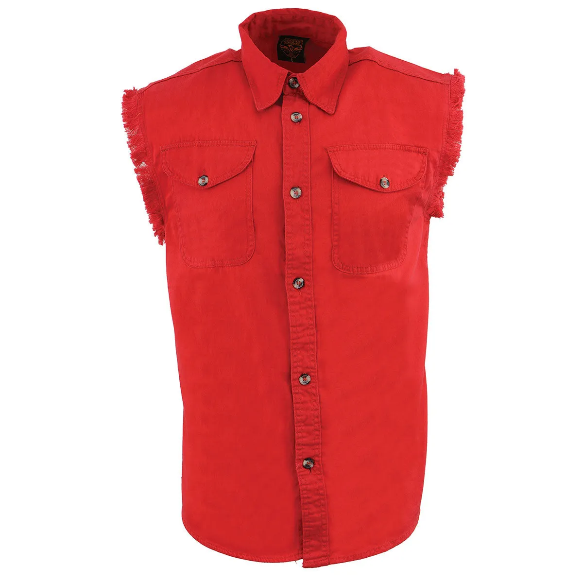 Milwaukee Leather DM4007 Men's Red Lightweight Denim Shirt with Frayed