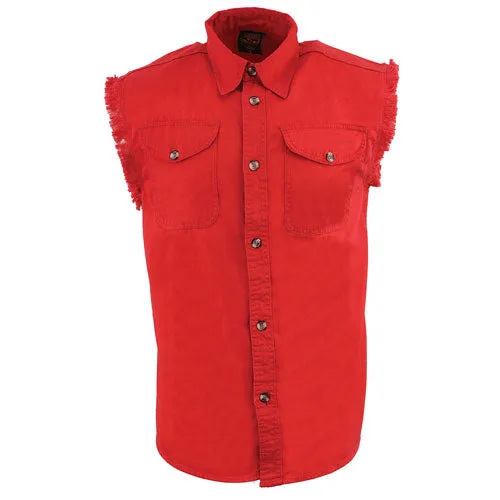 Milwaukee Leather DM4007 Men's Red Lightweight Denim Shirt with Frayed