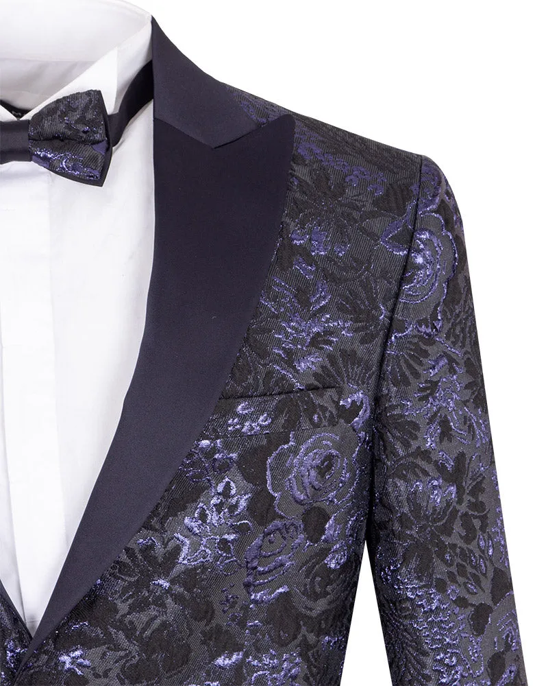 Navy & Black Floral Flock Design Blazer with Contrasting Lapel & Matching Bow Tie