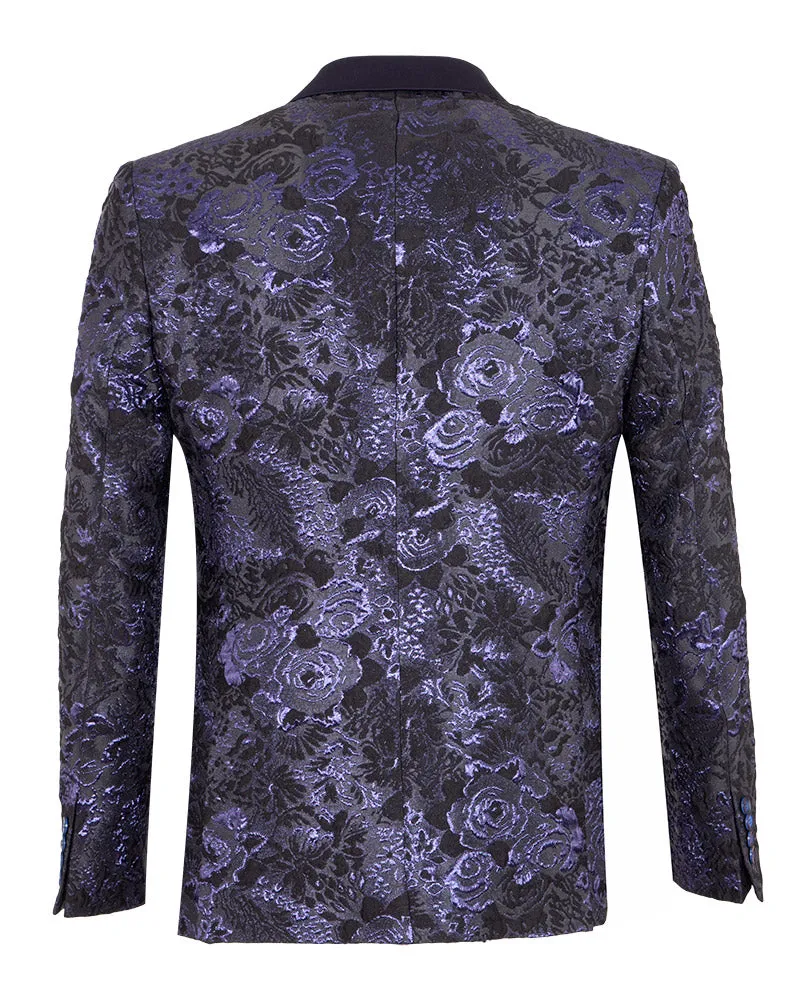 Navy & Black Floral Flock Design Blazer with Contrasting Lapel & Matching Bow Tie