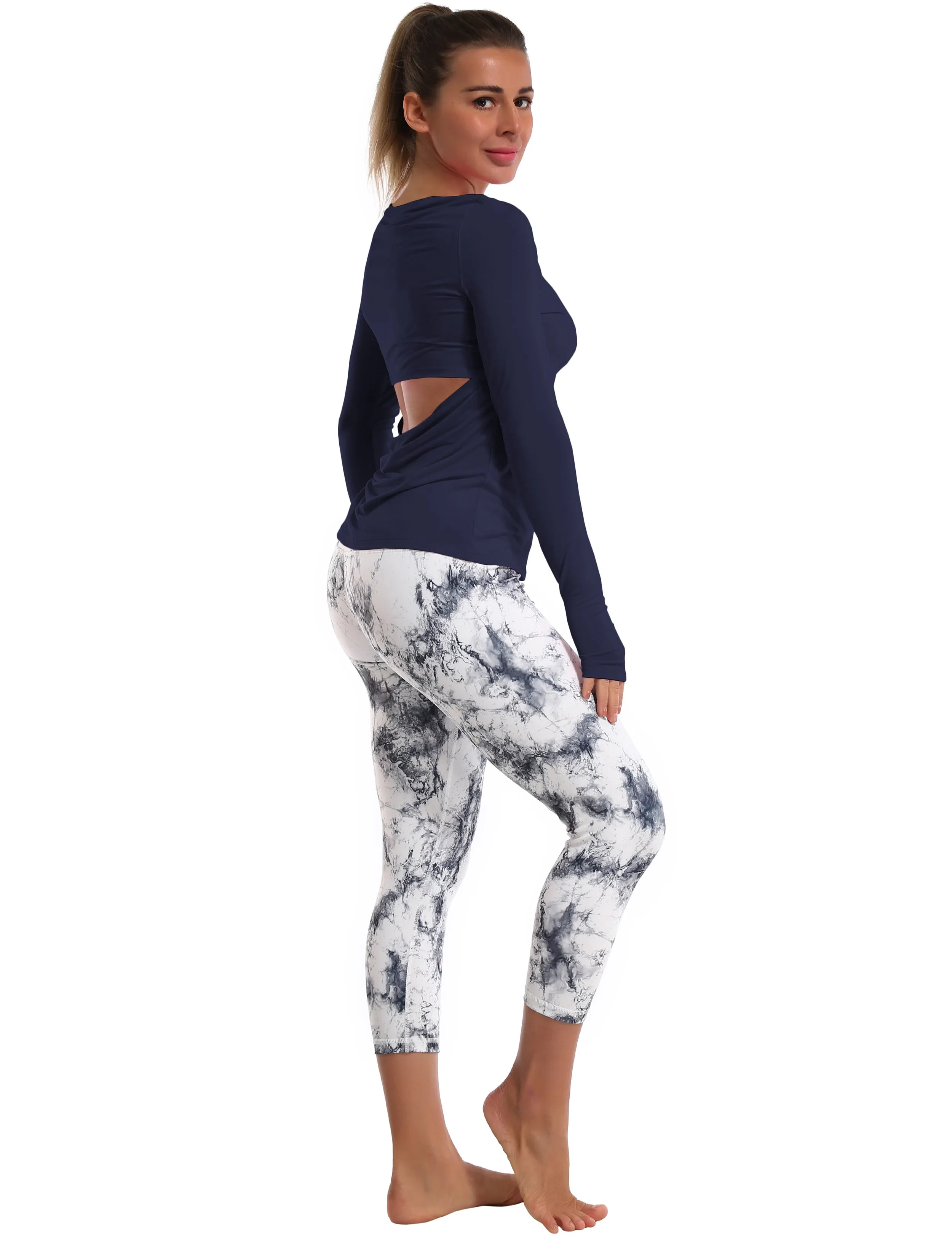 Open Back Long Sleeve Tops darknavy_Plus Size