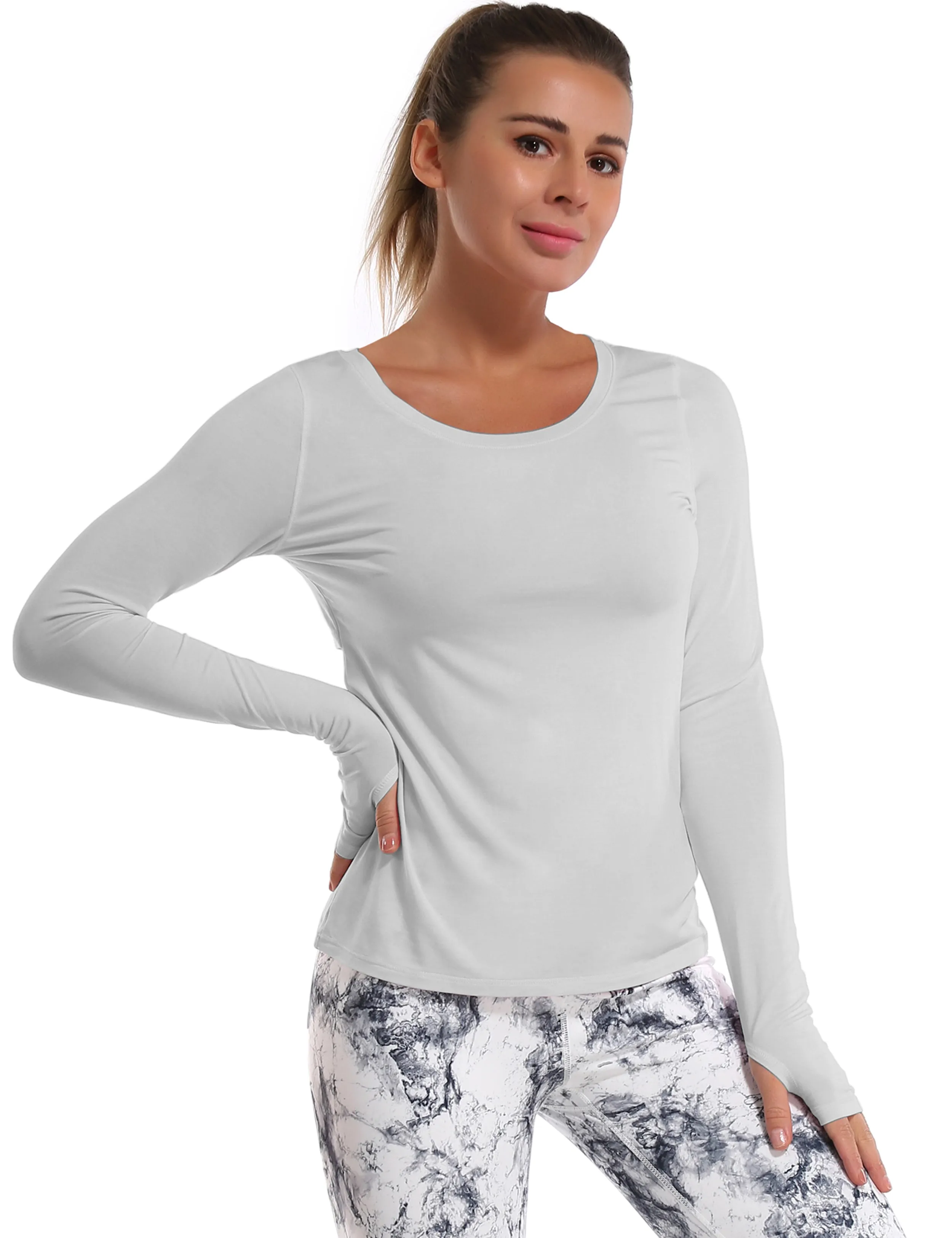 Open Back Long Sleeve Tops lightgray_Pilates