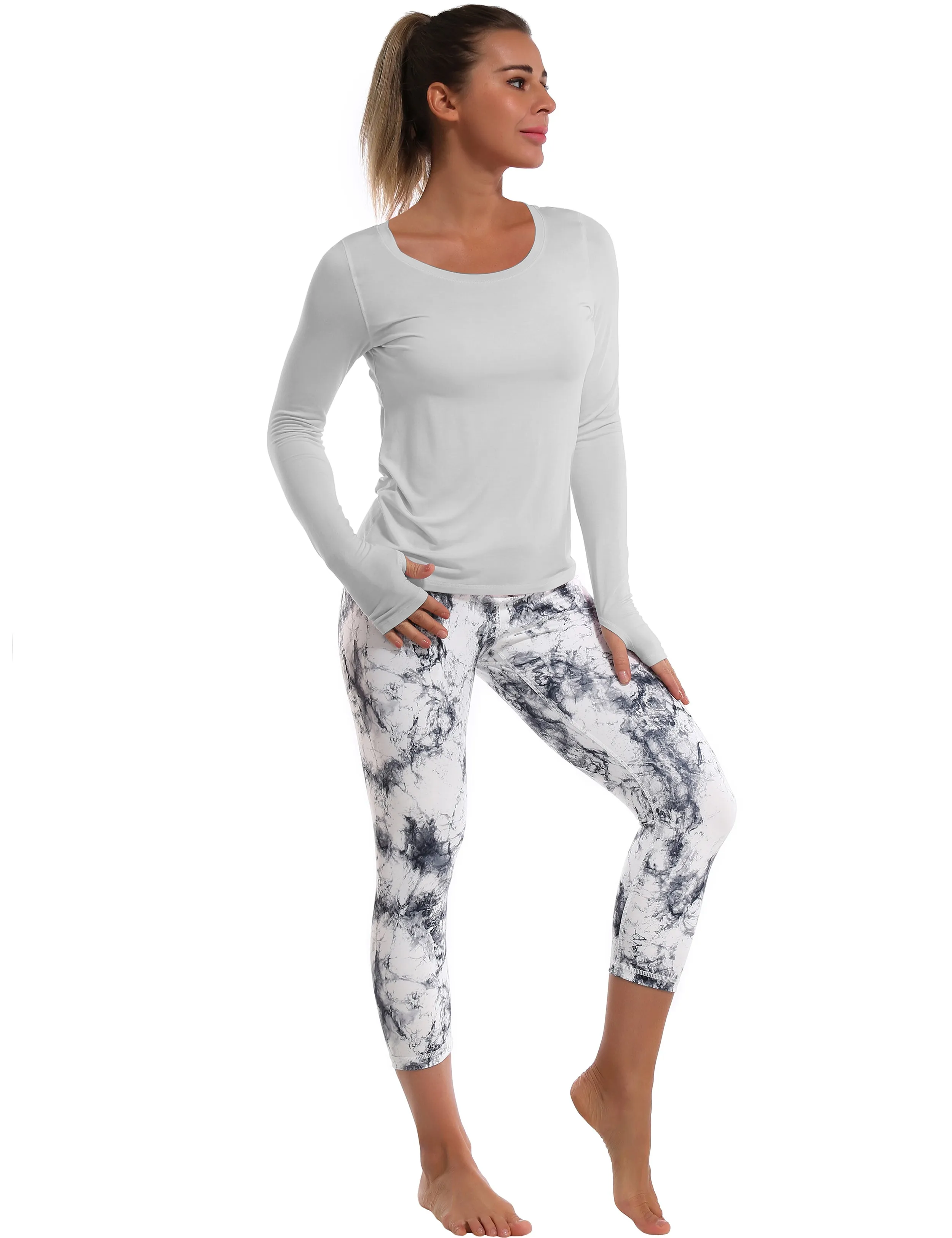Open Back Long Sleeve Tops lightgray_Pilates