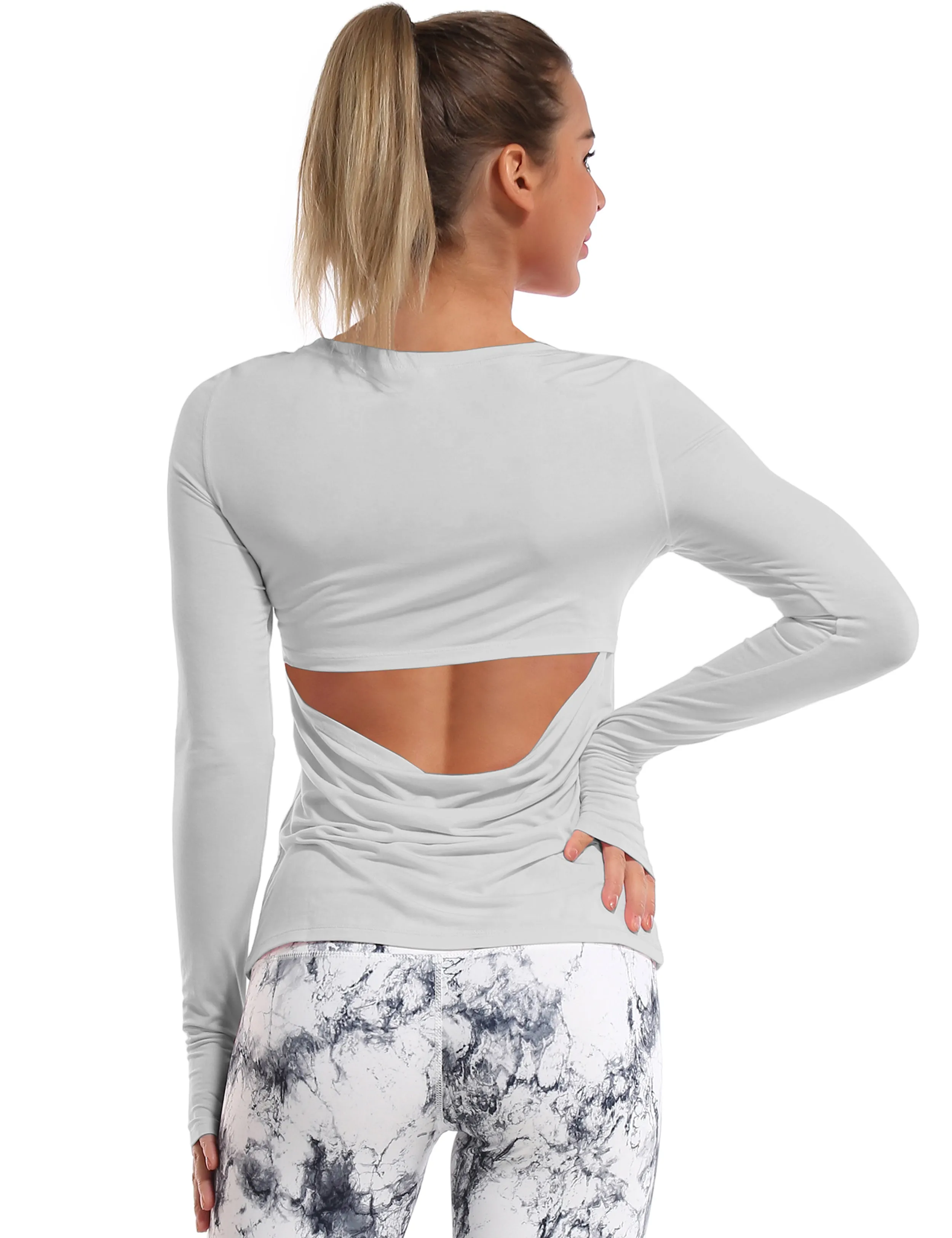 Open Back Long Sleeve Tops lightgray_Pilates
