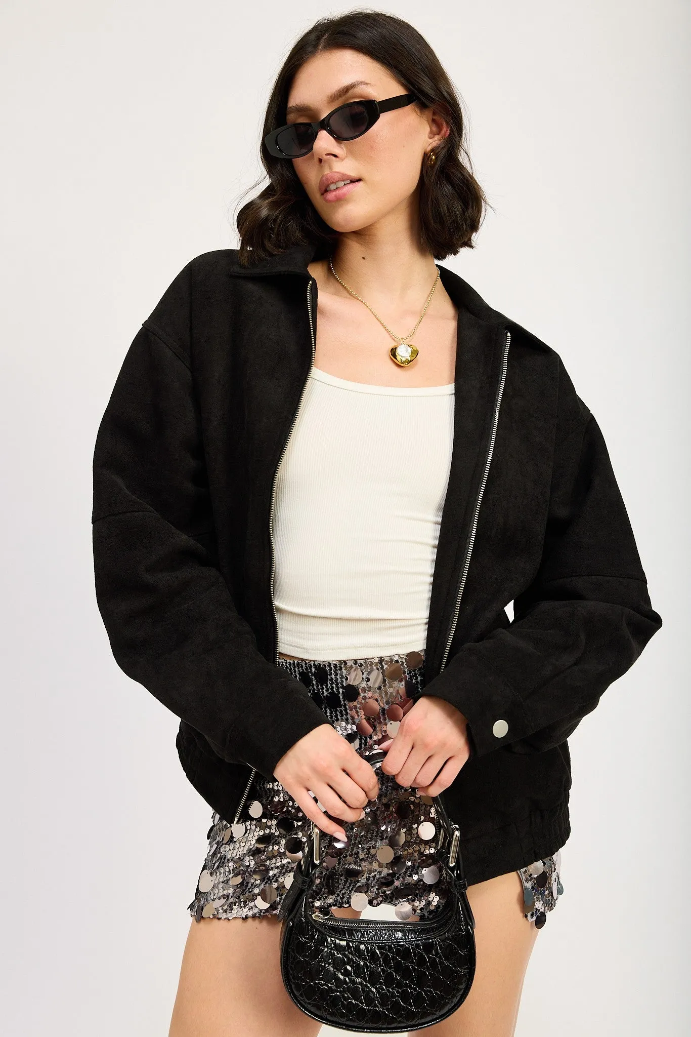 Oversized Black Suede Bomber Jacket