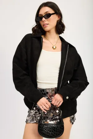 Oversized Black Suede Bomber Jacket