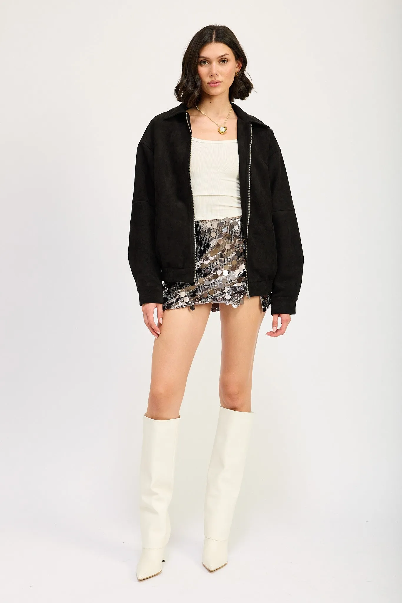 Oversized Black Suede Bomber Jacket