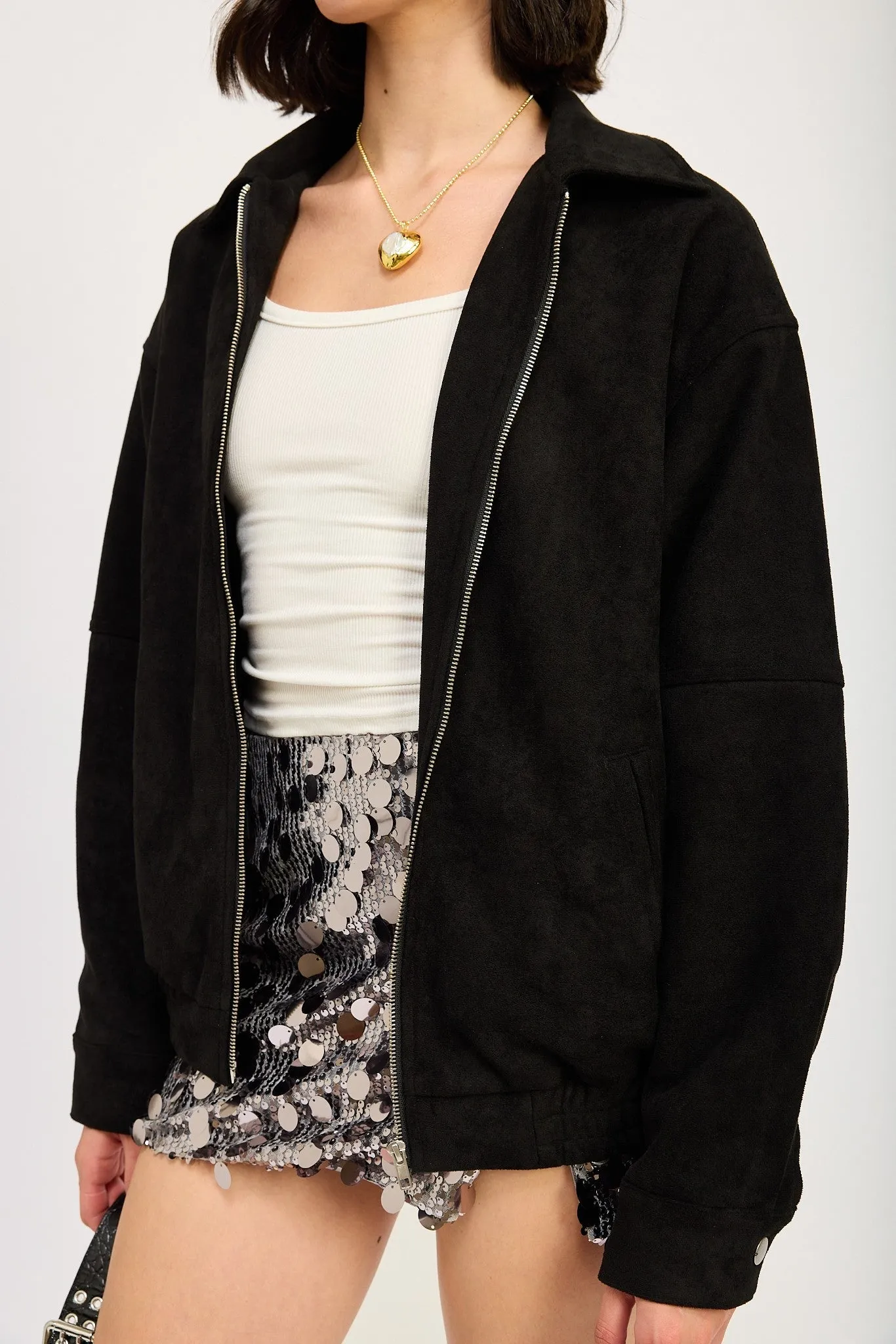 Oversized Black Suede Bomber Jacket