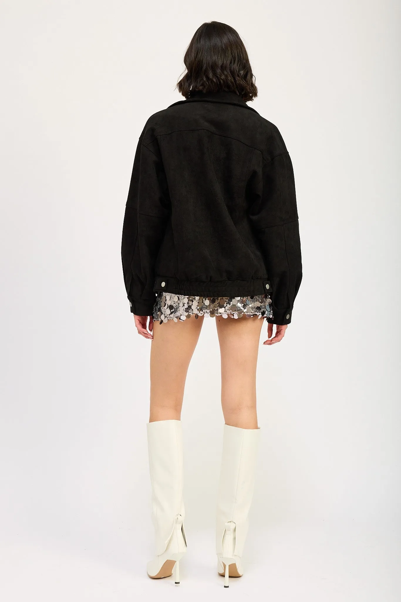 Oversized Black Suede Bomber Jacket