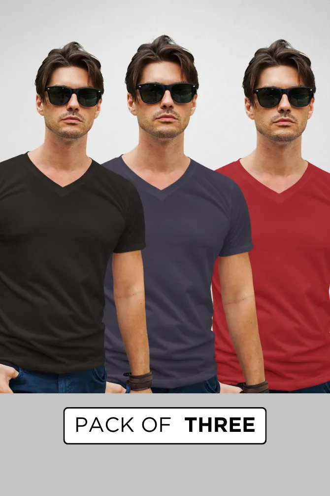 Pack Of 3 V Neck T-Shirts Navy Blue Red and Black for Men