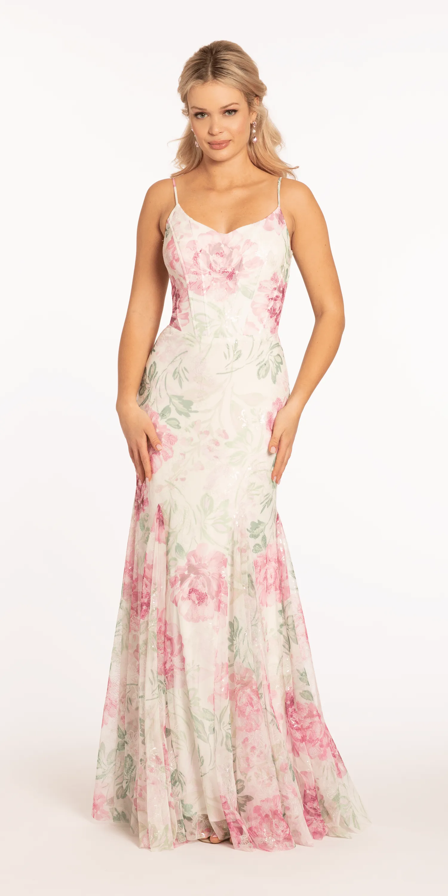 Pastel Floral V Neck Corset Mesh Trumpet Dress with Mesh Godets