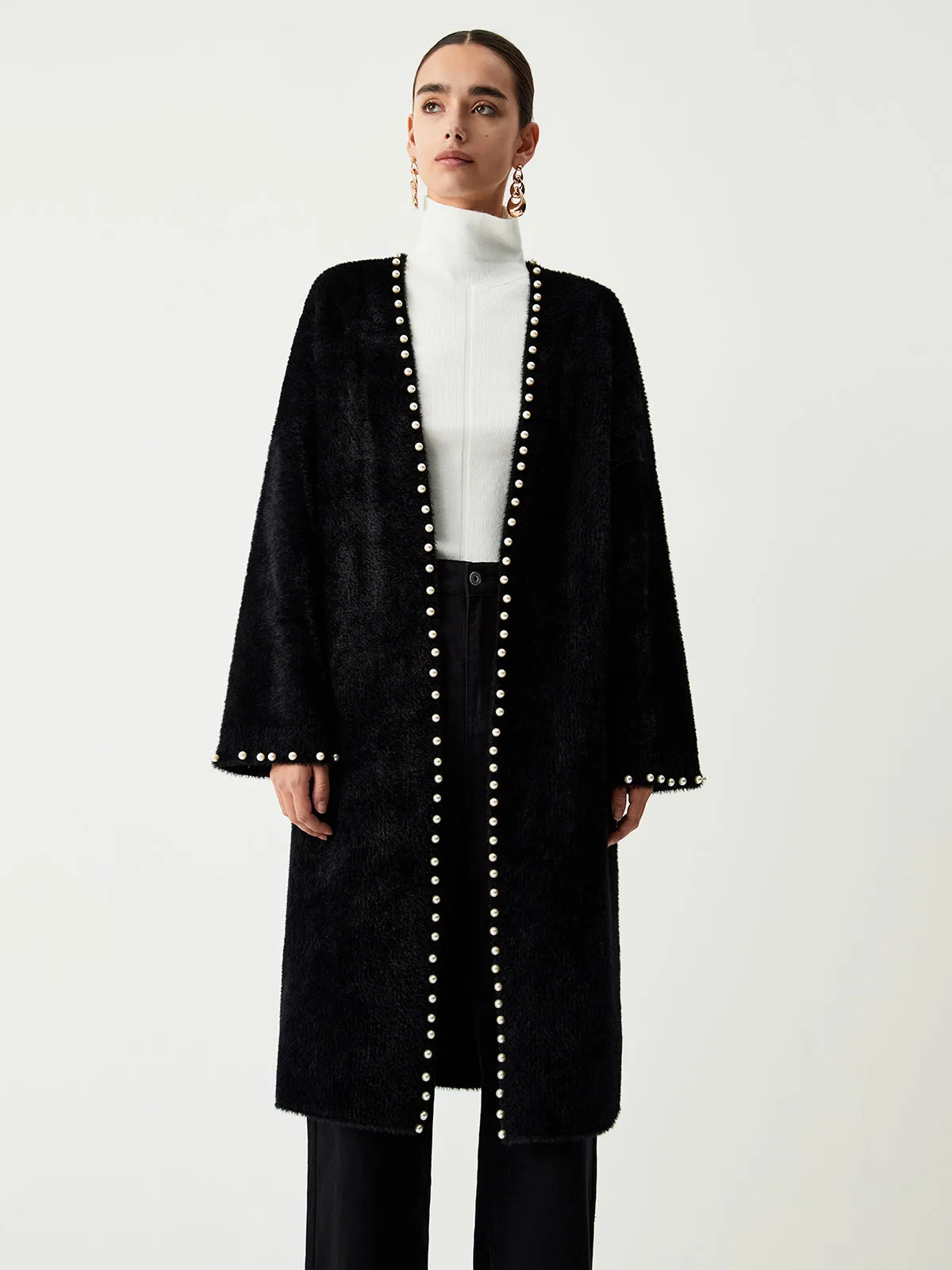 Pearl Trim Graceful Kimono Fuzzy Coat