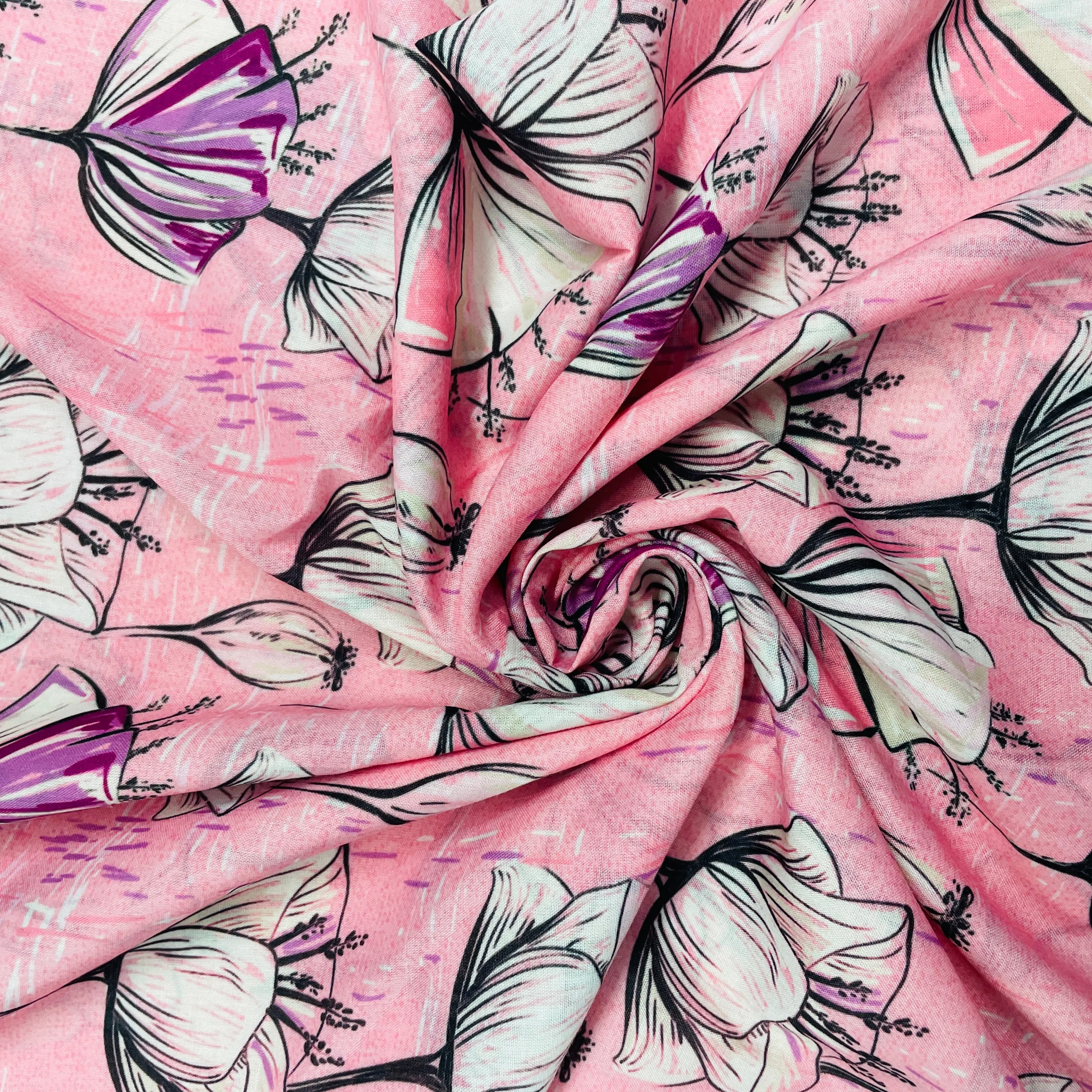 Pink Floral Print Muslin Fabric