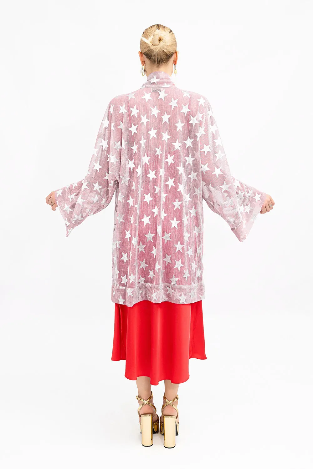 Pink Shimmering Mesh Silver Stars Kimono