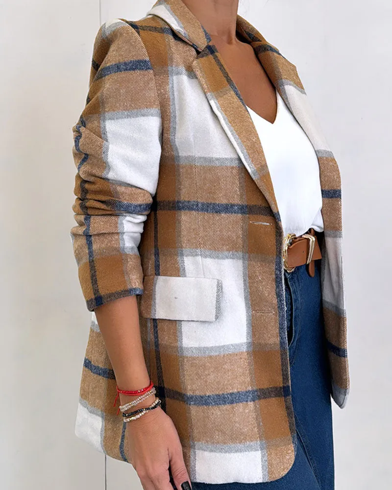 Plaid Pattern Lapel Neck Flap Detail Blazer