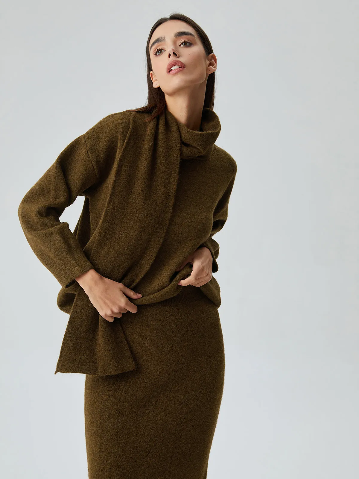 Plain Knit Two Piece Modern Skirt Set with Matching Scarf