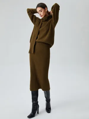 Plain Knit Two Piece Modern Skirt Set with Matching Scarf