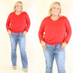 Plus Size | It's That Simple Solid V Neck Long Sleeve Tee in Red