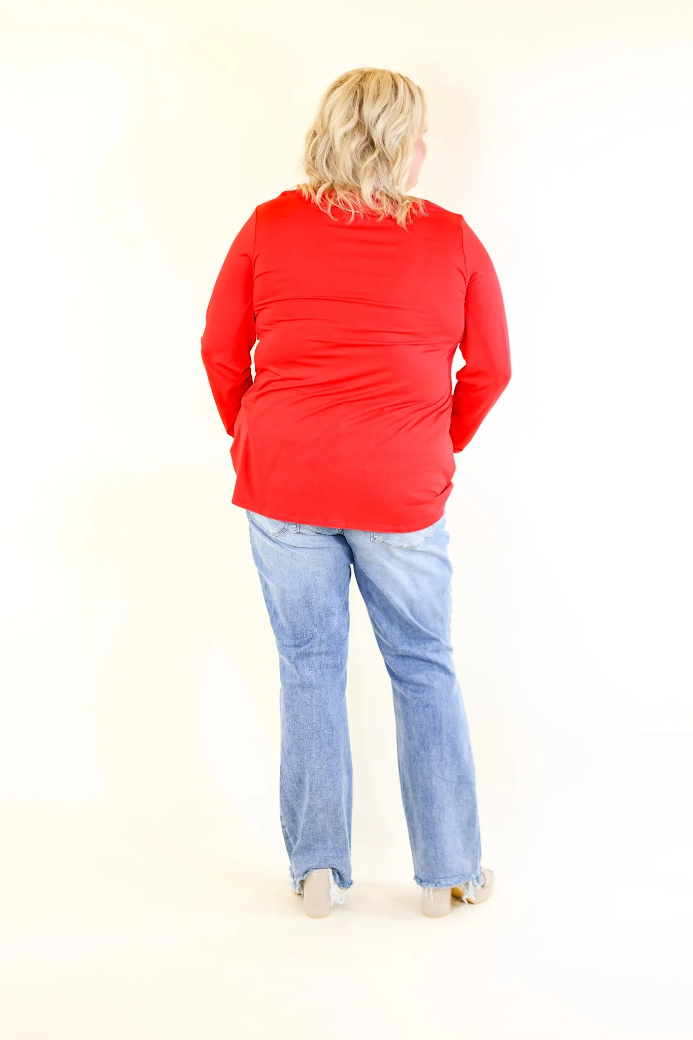 Plus Size | It's That Simple Solid V Neck Long Sleeve Tee in Red