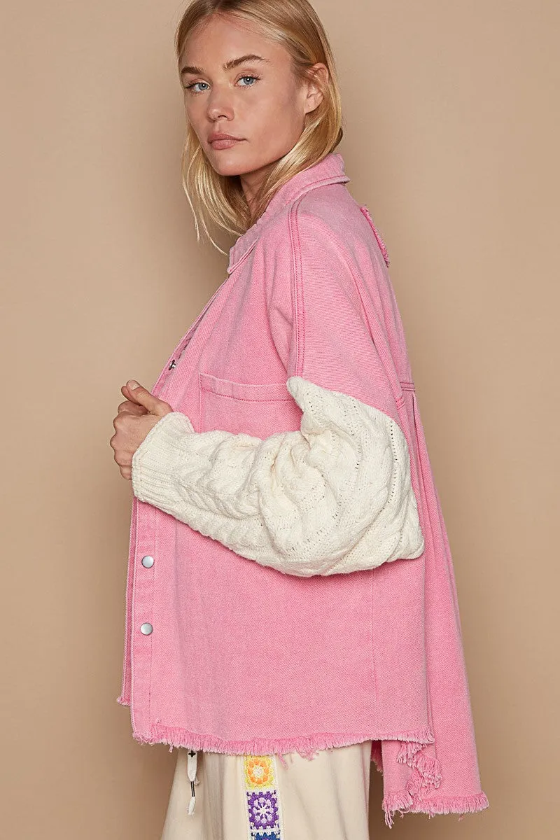 POL Punch Pink & Ivory Contrast Sweater Sleeve Button Down Jacket