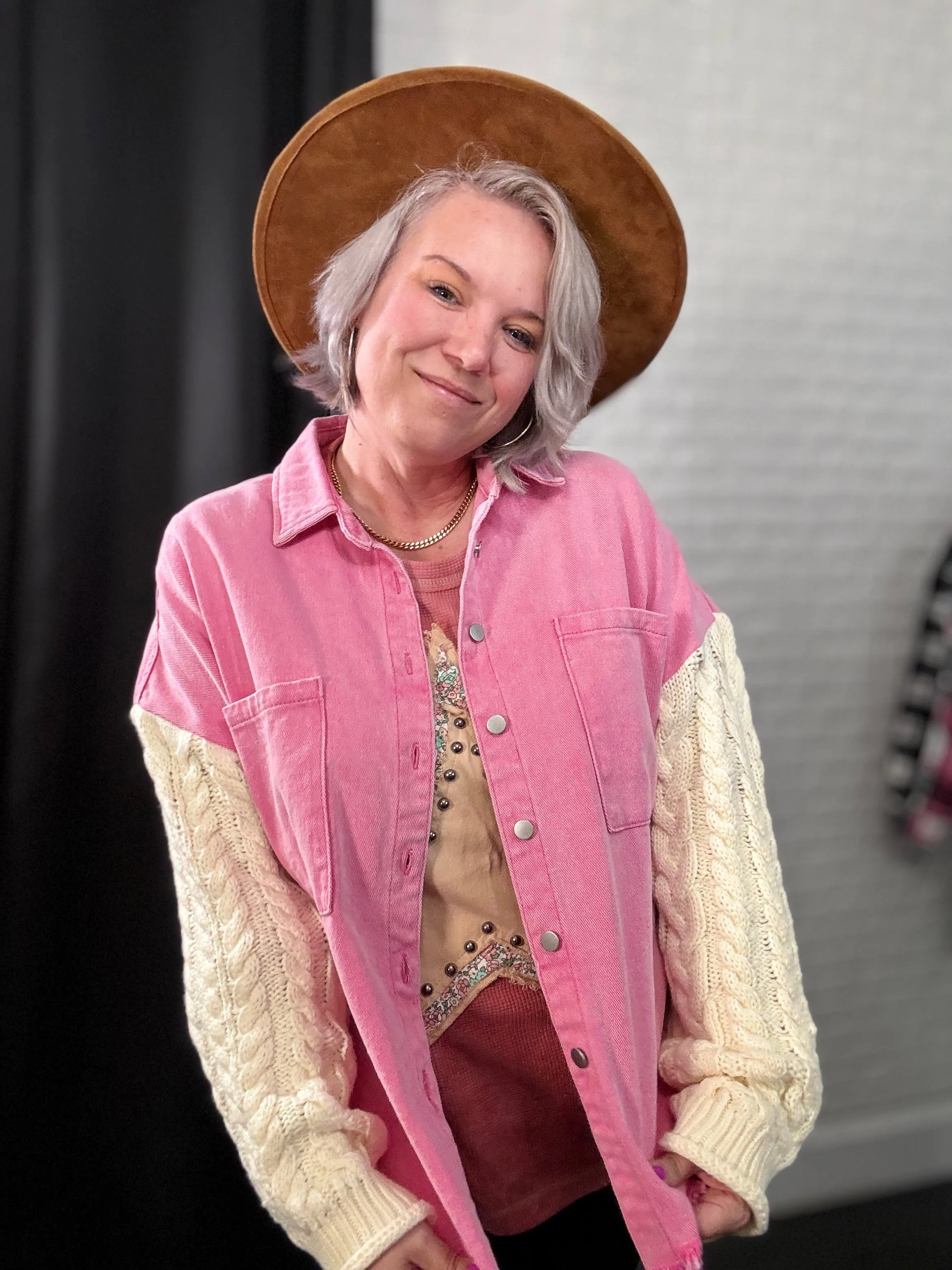 POL Punch Pink & Ivory Contrast Sweater Sleeve Button Down Jacket