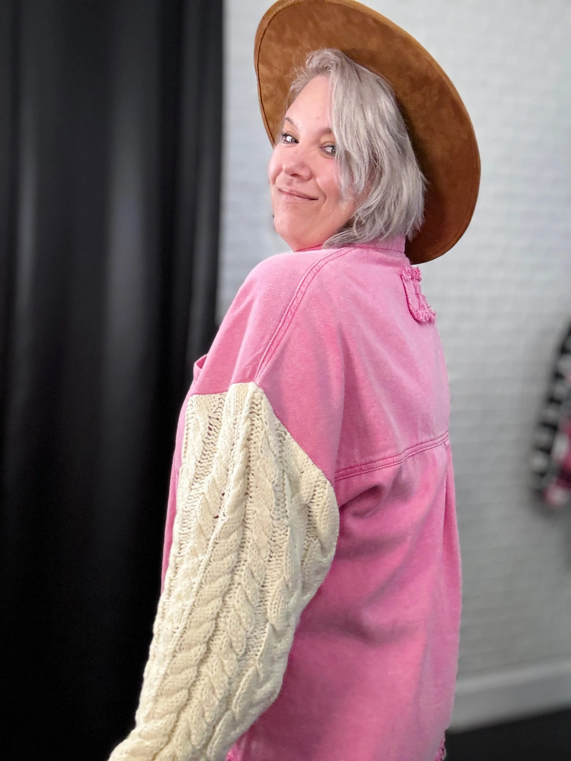 POL Punch Pink & Ivory Contrast Sweater Sleeve Button Down Jacket