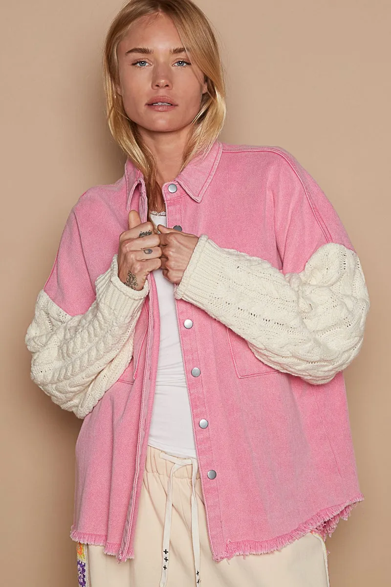 POL Punch Pink & Ivory Contrast Sweater Sleeve Button Down Jacket