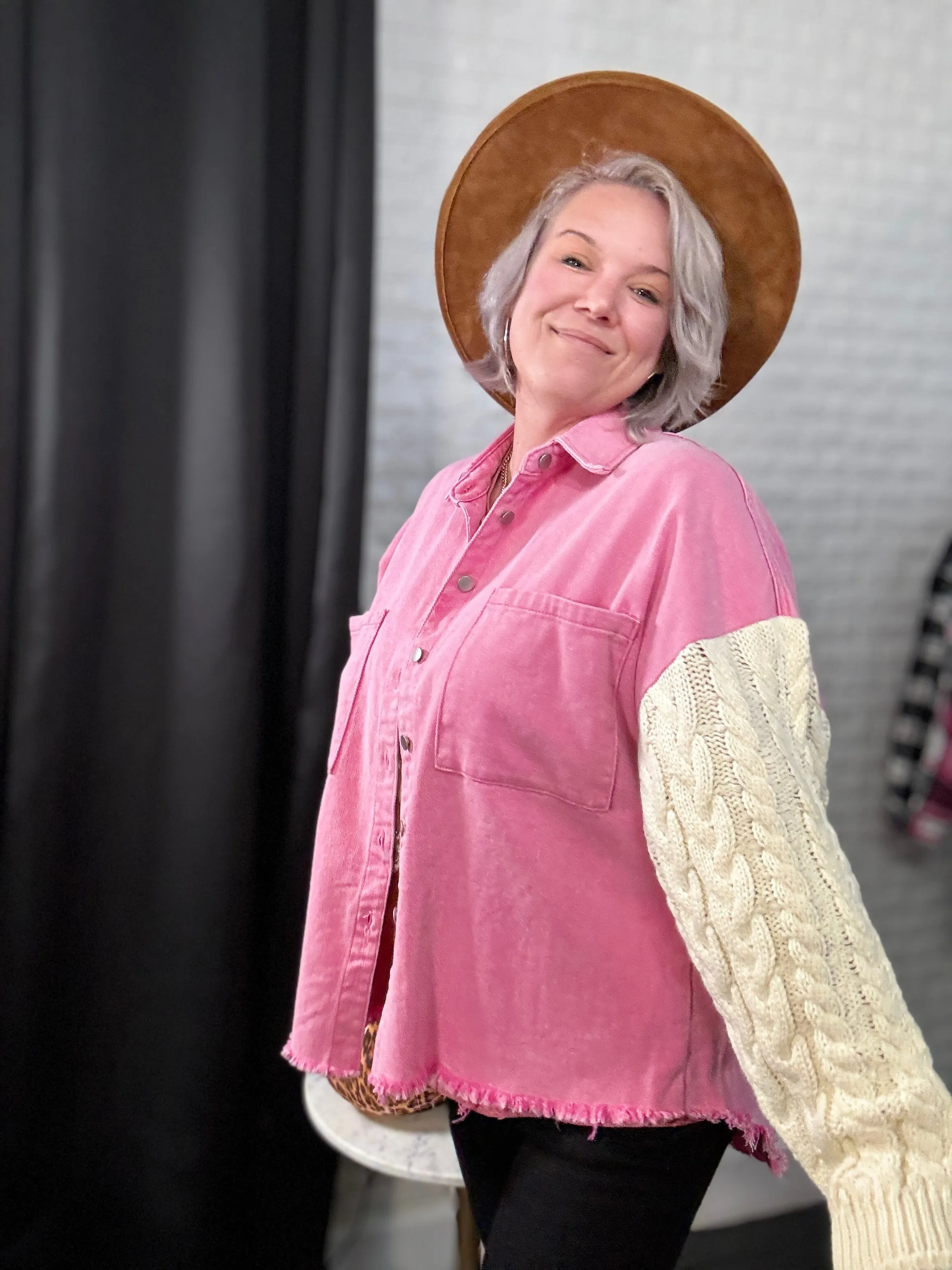 POL Punch Pink & Ivory Contrast Sweater Sleeve Button Down Jacket