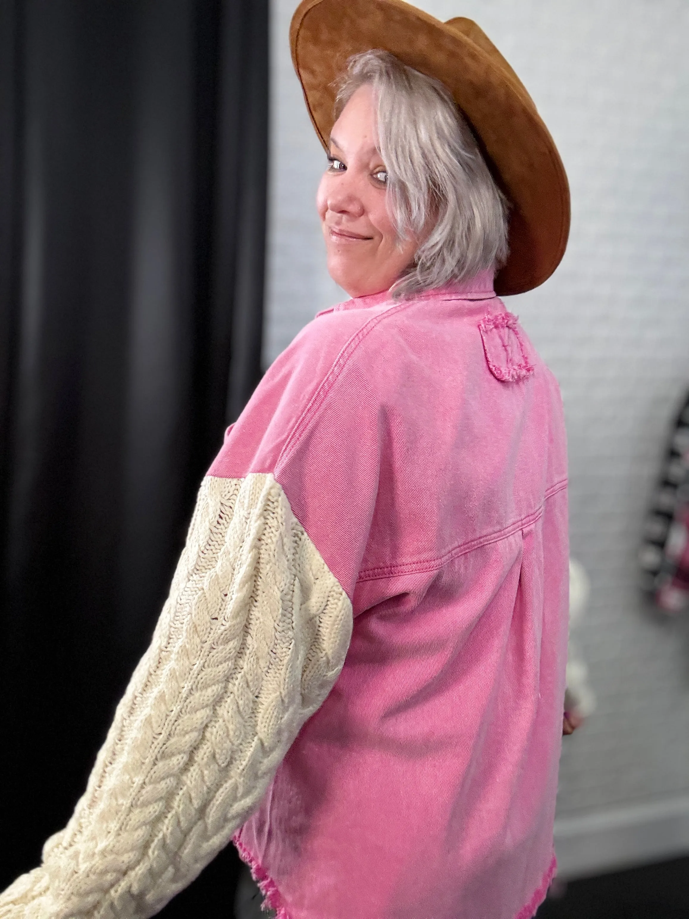 POL Punch Pink & Ivory Contrast Sweater Sleeve Button Down Jacket
