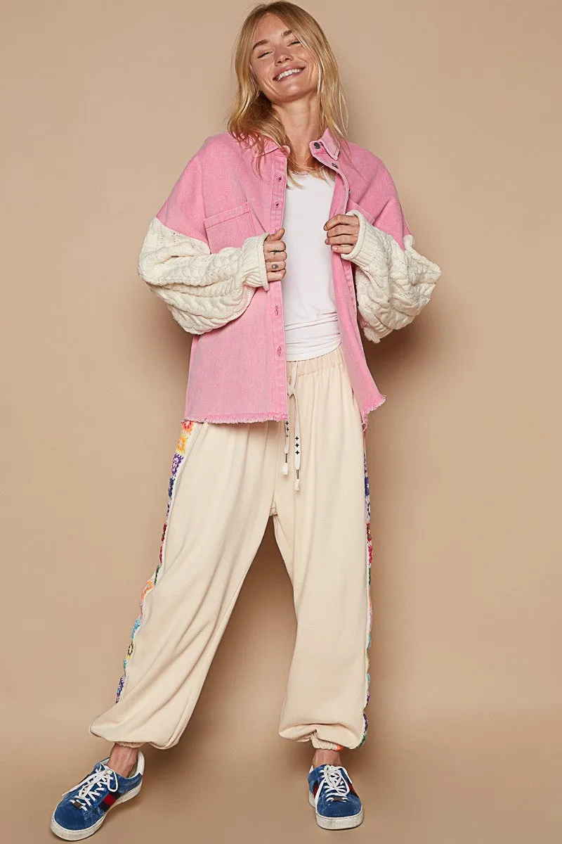 POL Punch Pink & Ivory Contrast Sweater Sleeve Button Down Jacket