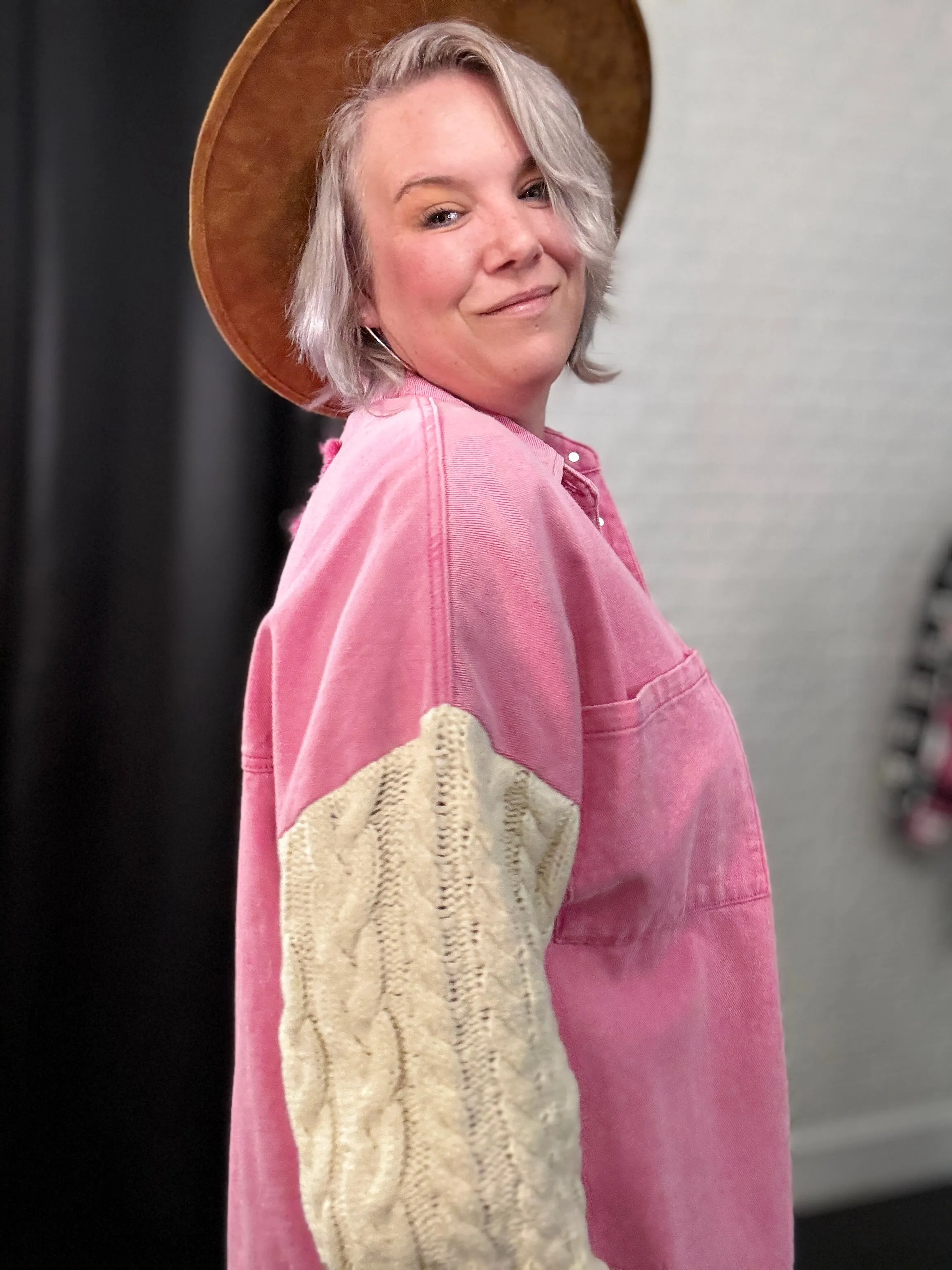 POL Punch Pink & Ivory Contrast Sweater Sleeve Button Down Jacket