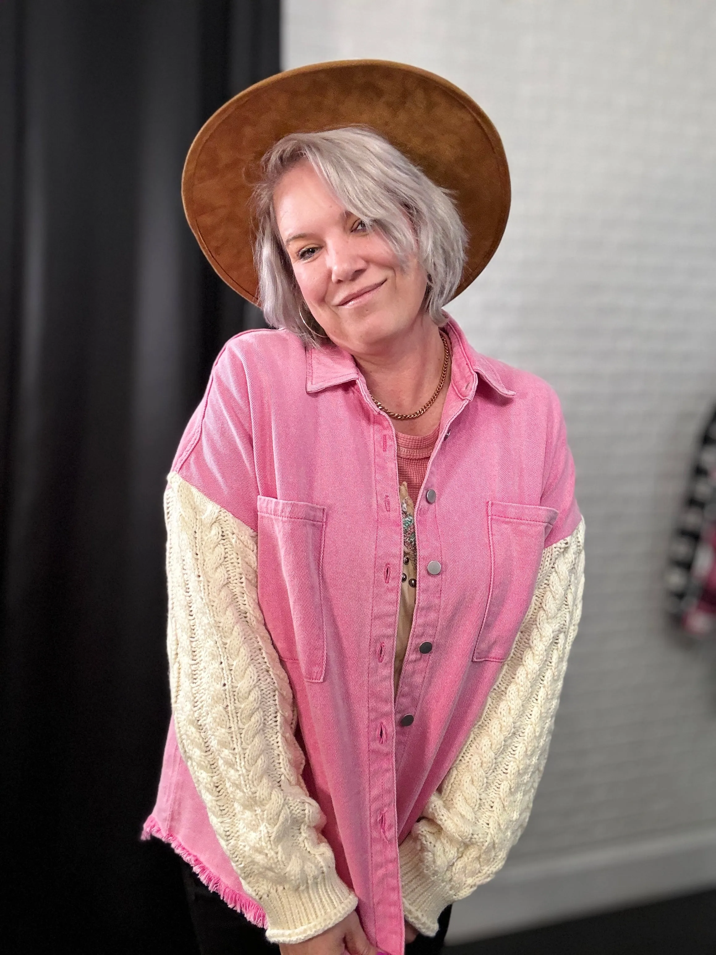 POL Punch Pink & Ivory Contrast Sweater Sleeve Button Down Jacket