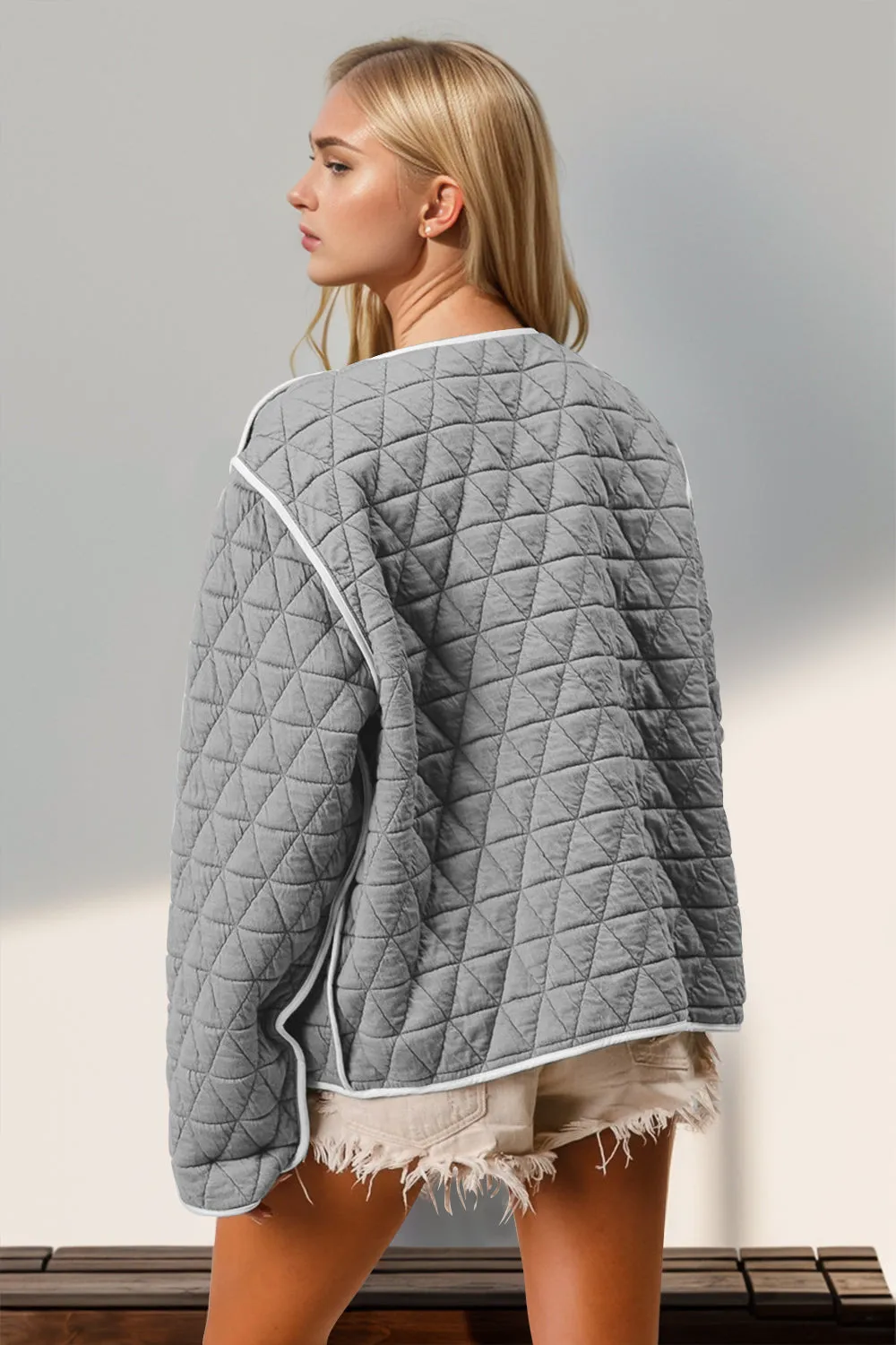Preorder: Double Take Gray Contrast Trim Tie Front Quilted Jacket with Pockets